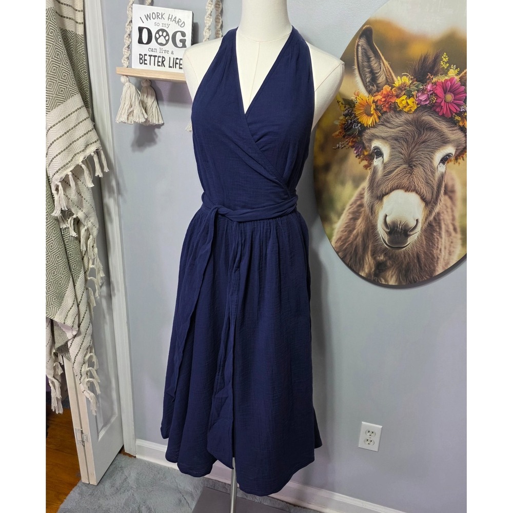 Polo Ralph Lauren Belted Cotton Gauze Halter Wrap Dress Size 4 Blue